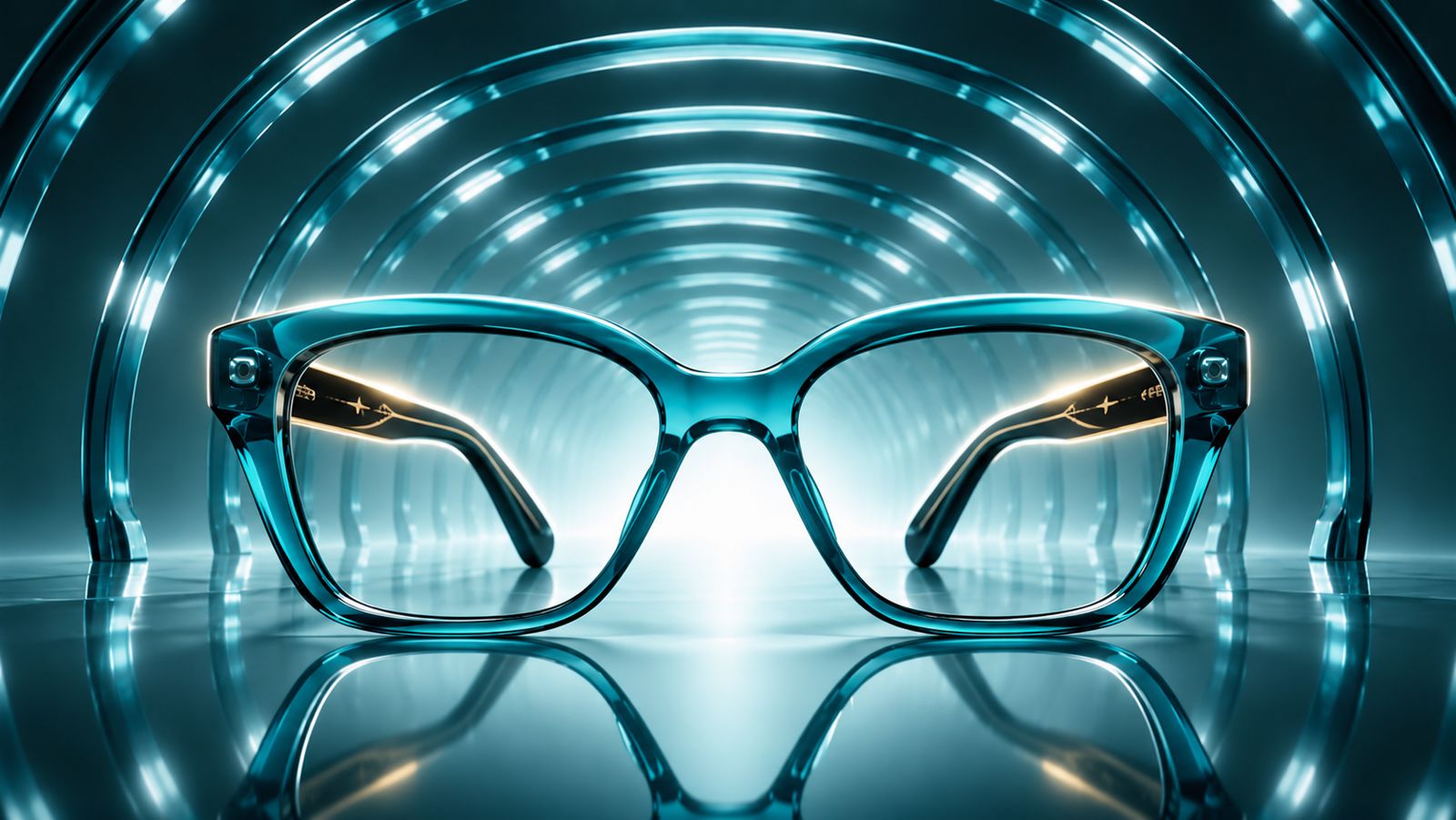 A transparent teal eyeglass frame reflected on glass inside a glowing tunnel of rings